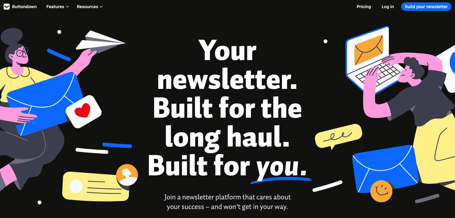 Buttondown homepage, first screen, 2026-10-14