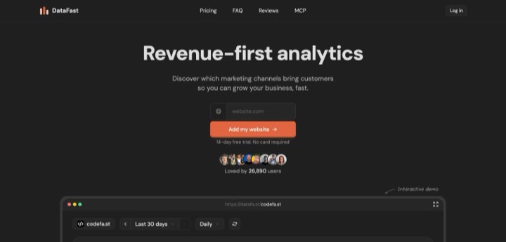 DataFast homepage, first screen, 2026-10-14
