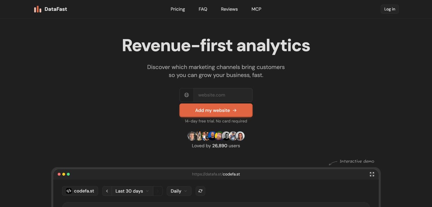 DataFast homepage, first screen, 2026-10-14