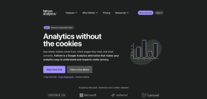 Fathom Analytics homepage, first screen, 2026-10-14