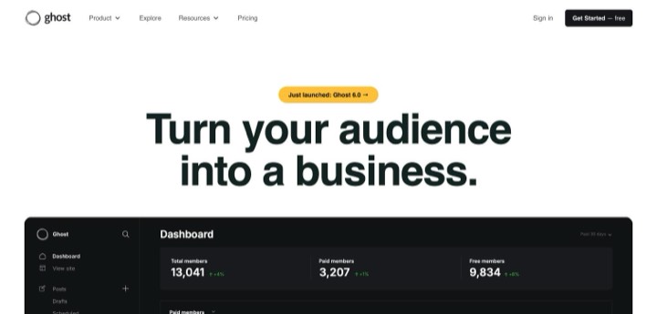Ghost homepage, first screen, 2026-10-14