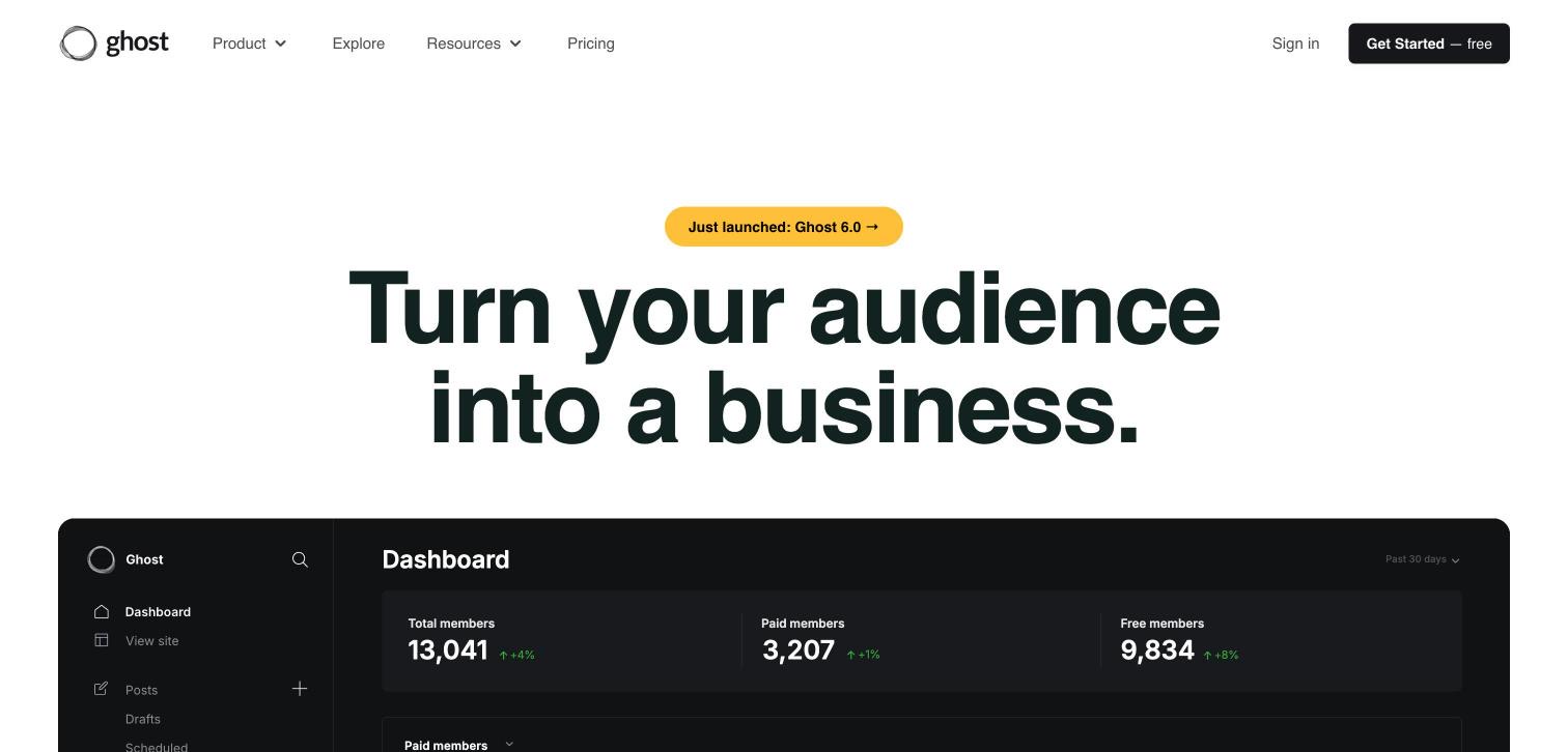 Ghost homepage, first screen, 2026-10-14