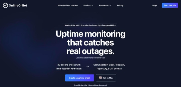 OnlineOrNot homepage, first screen, 2026-10-14