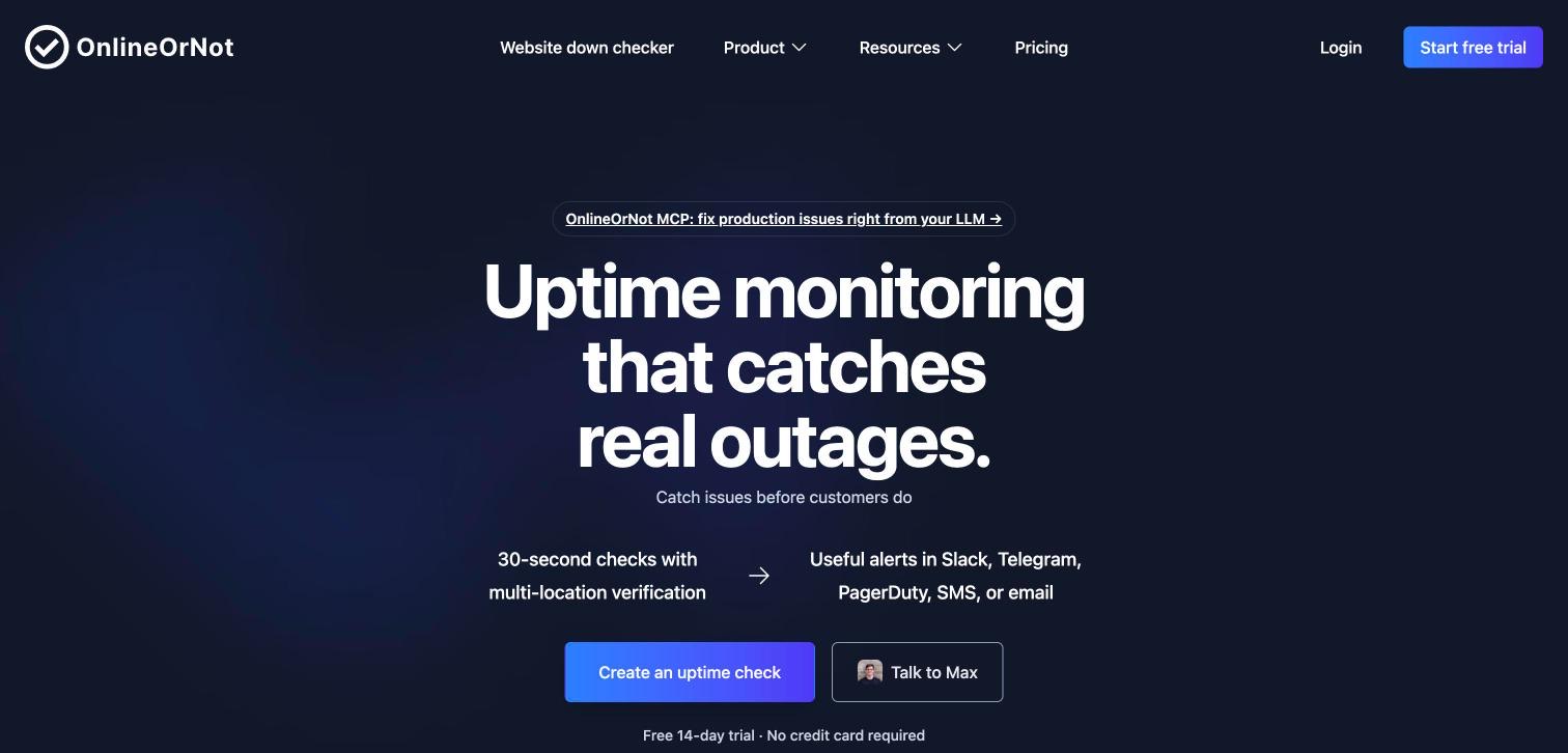 OnlineOrNot homepage, first screen, 2026-10-14