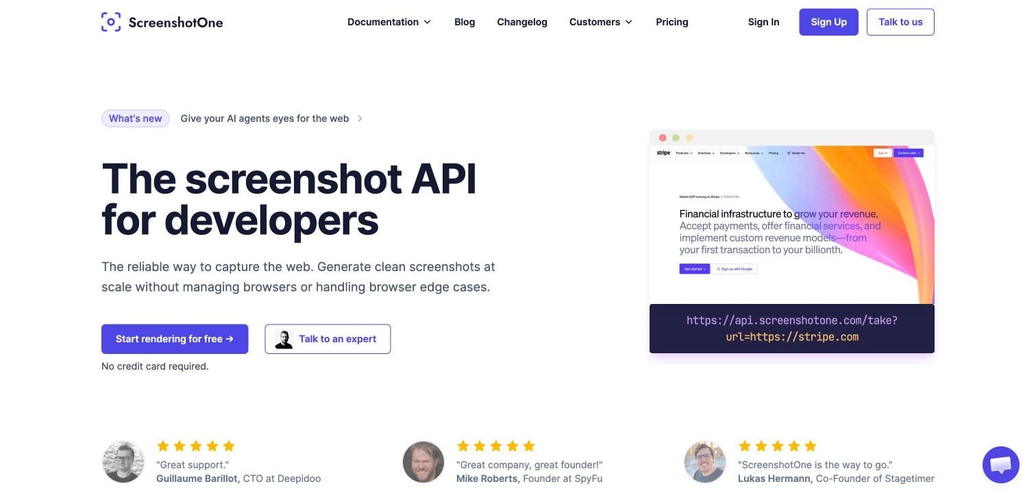 ScreenshotOne homepage, first screen, 2026-10-14
