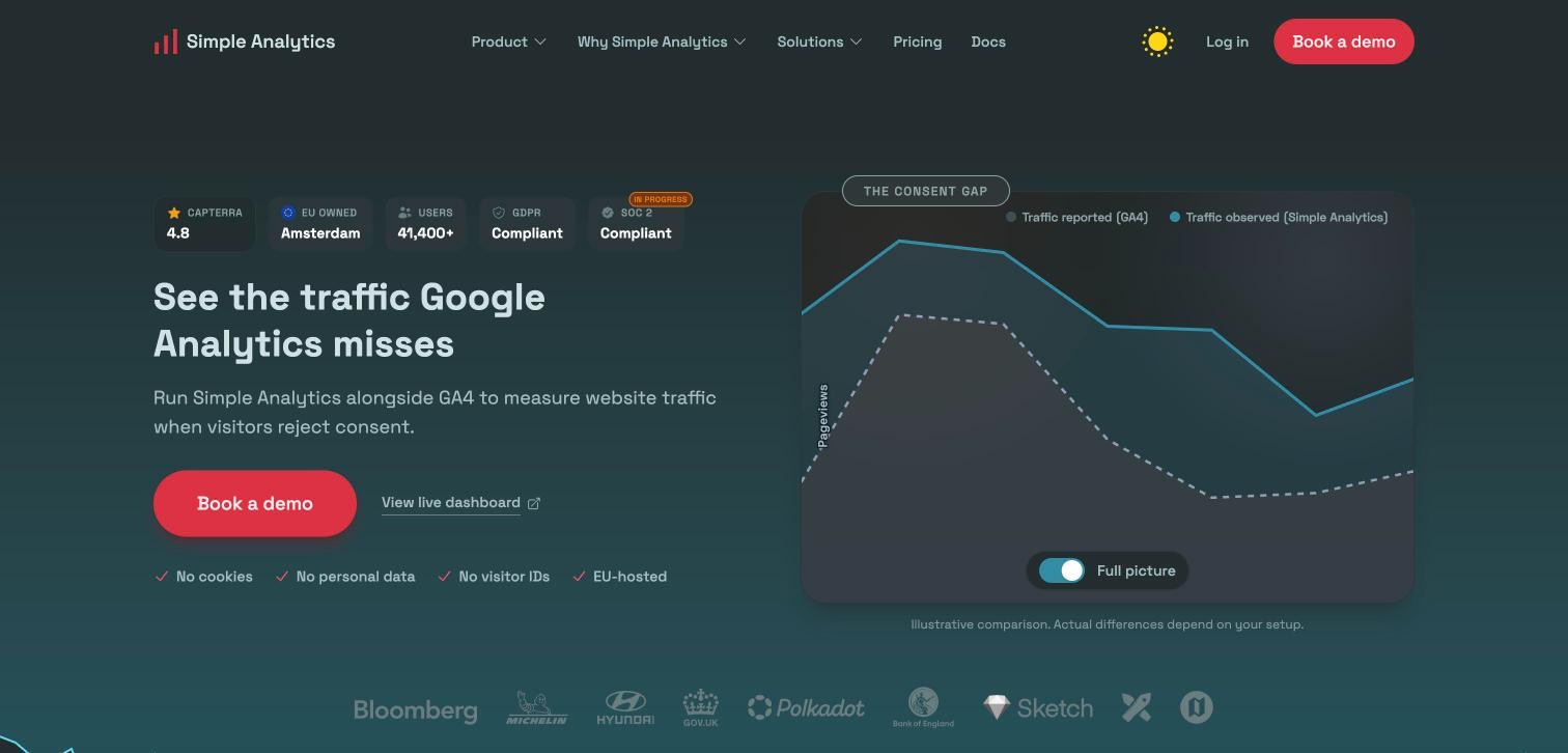 Simple Analytics homepage, first screen, 2026-10-14