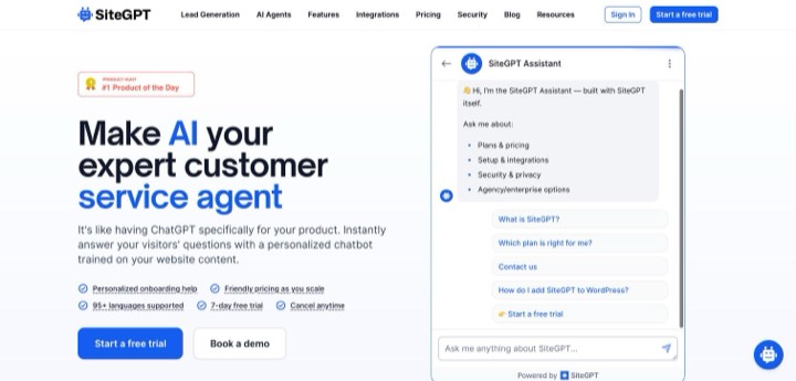 SiteGPT homepage, first screen, 2026-10-14