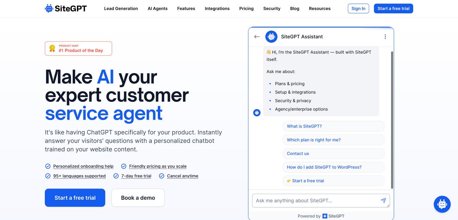 SiteGPT homepage, first screen, 2026-10-14