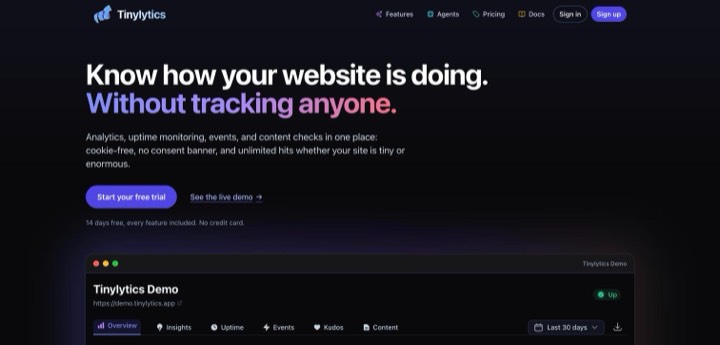 Tinylytics homepage, first screen, 2026-10-14