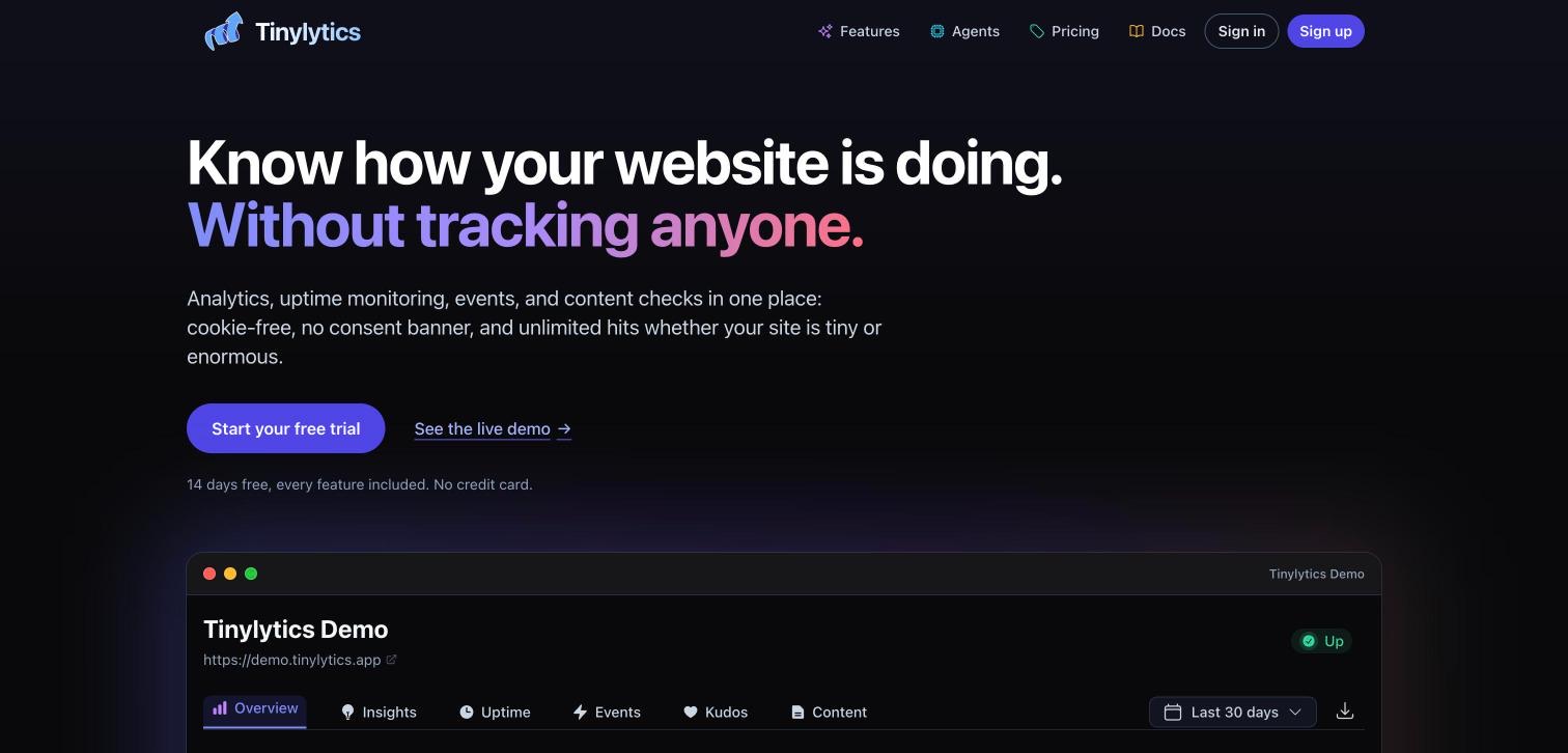 Tinylytics homepage, first screen, 2026-10-14
